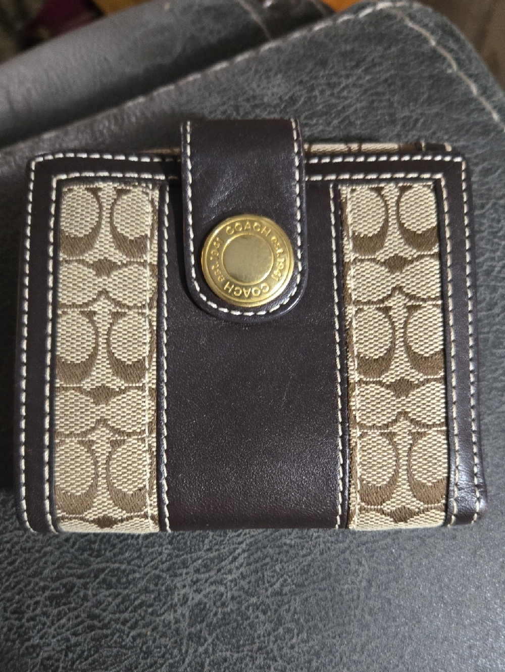 Coach Brown and Khaki Signature Zip-Trim Wallet